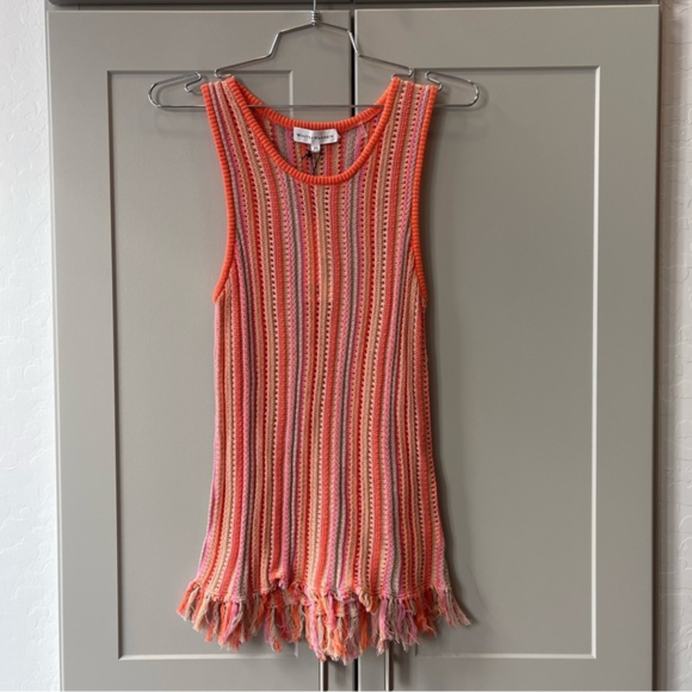White + Warren Orange Colorful Mercerized Crochet Knit Cotton Tank Top Fringe XS